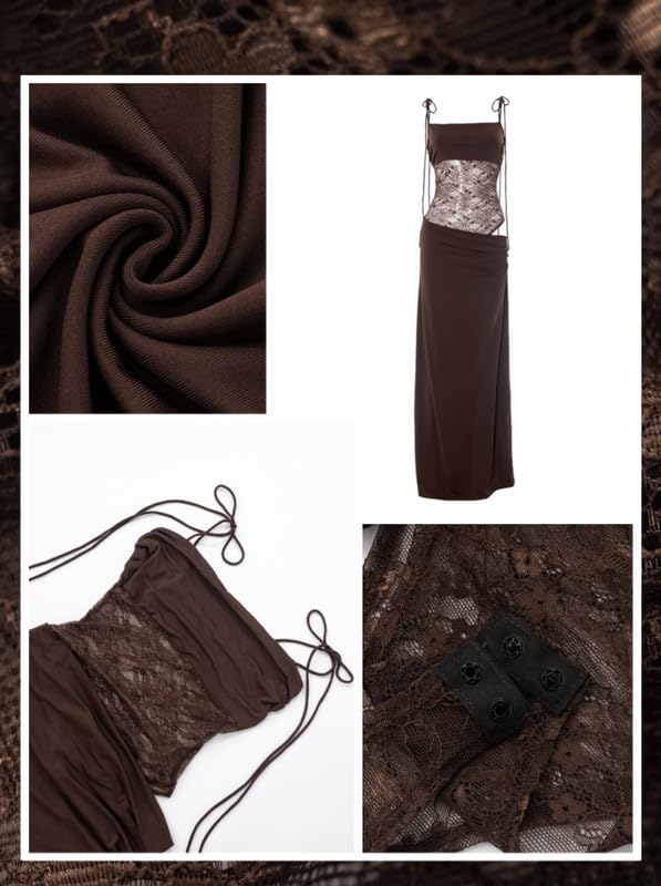 Kleid Damen Sexy Spitze Patchwork Slip Maxikleid Rückenfreies Bodycon Patykleid Figurbetontes Hochzeitsgast Kleider Lange Ärmelloses Elegant eng Abschlusskleid Spaghettiträger Cocktailkleid