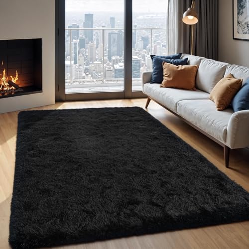 Zentavio Area Rugs for Living Room Small Carpet for Bedroom Black 3x5 Bedside Washable Soft Fluffy Shag Aesthetic Plush High Pile Throw Rug for Nursery Kids Room Dorm Room