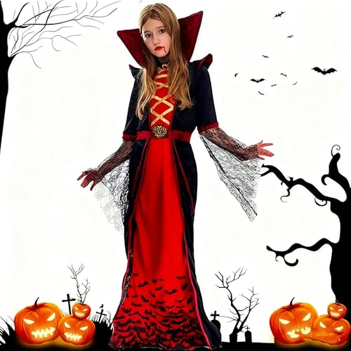 JOYTIX®Disfraz de Reina Vampira Victoriana para Niñas: Vestido Gótico de Terciopelo con Cuello de Encaje, Collar Choker, Cinturón y Corona | Traje Real para Fiesta de Halloween