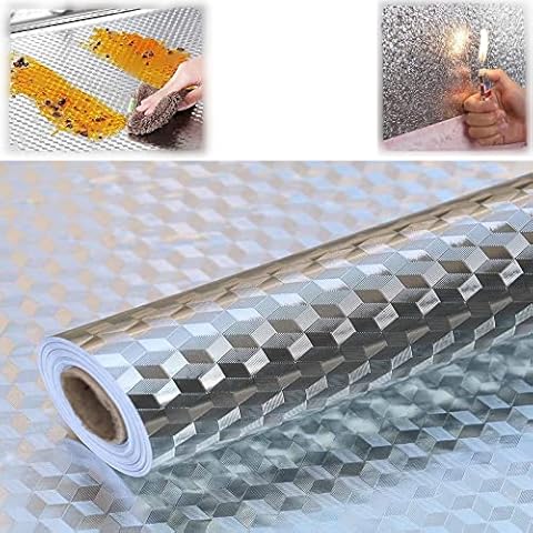 HOUHOUYIBA Kitchen Oil-proof Stickers,Waterproof self-adhesive high temperature resistant tin foil for cooktops,Cabinet countertop range hood wall sticker wallpaper (Silver checkered,23.6×39.3in) Cover