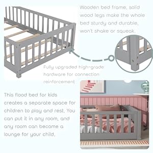 Twin Size Floor Bed for Kids Montessori Bed Frame with Fence Railings & Support Slats, Wooden Playhouse Beds for Boys Girls, No Box Spring Needed, Gray Twin Size Floor Bed for Kids Montessori Bed Frame with Fence Railings Support Slats Wooden Playhouse Beds for Boys Girls No Box Spring Needed Gray