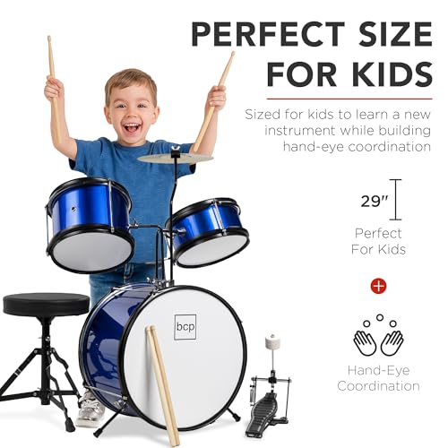 image for Best Choice Products 3-Piece Beginner Drum Set for Kids Juniors, w/Thr