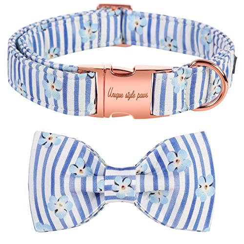 Unique style paws Dog Collar, Blue Striped with Flower Dog Collar, Girl or Boy Dog Bow Tie, Bowtie Dog Collar Pet Collar for Small Memium Large Dogs