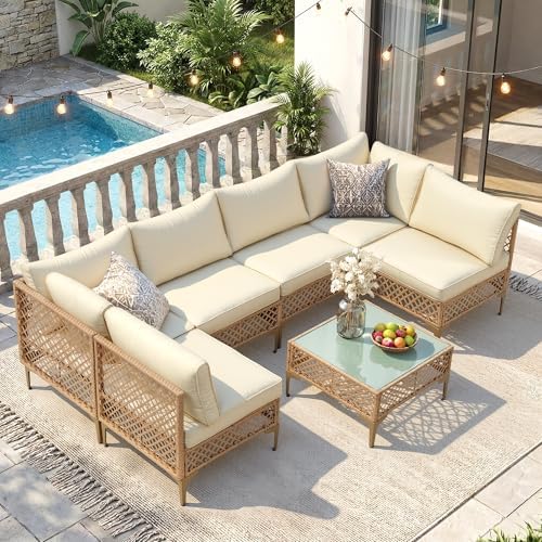 FHFO 7 Piece Patio Furniture Set, Outdoor Wicker Modular Sectional Patio Conversation Set with Thicker Cushion & Tempered Glass Coffee Table for Backyard, Poolside, Porch (Yellow/Beige) FHFO 7 Piece Patio Furniture Set, Outdoor Wicker Modular Sectional Patio Conversation Set with Thicker Cushion & Tempered Glass Coffee Table for Backyard, Poolside, Porch (Yellow/Beige)