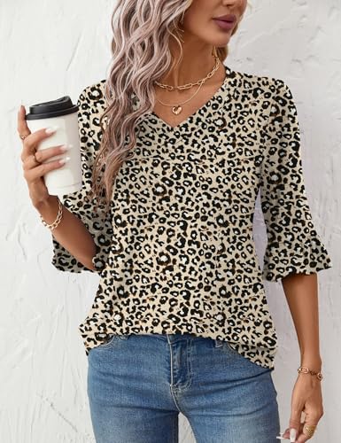 LOMON 3/4 Length Sleeve Womens Tops Summer Loose V-Neck Eyelet T-Shirts Dressy Casual Ruffle Sleeve Tunic Blouses4
