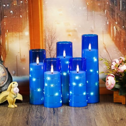 Image of kakoya Flameless LED Candles with Timer 5 Pc Flickering Flameless Candles for Romantic Ambiance and Home Decoration Stable Acrylic Shell,with Embedded Star String,Battery Operated Candles(Blue)