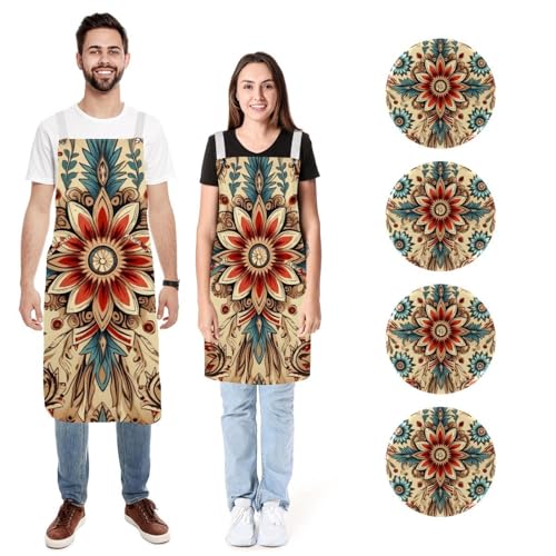 Tablier de cuisine en lin réglable motif floral vintage amérindien homme femme lot de 2