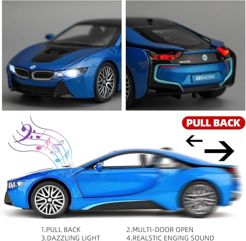 Image of 1:32 BMW i8 Diecast Toy Car Pull Back Metal Car with Openable Doors Sound & Light Features Realistic Kids Gift & Collectible Model for Boys & Girls (Blue)