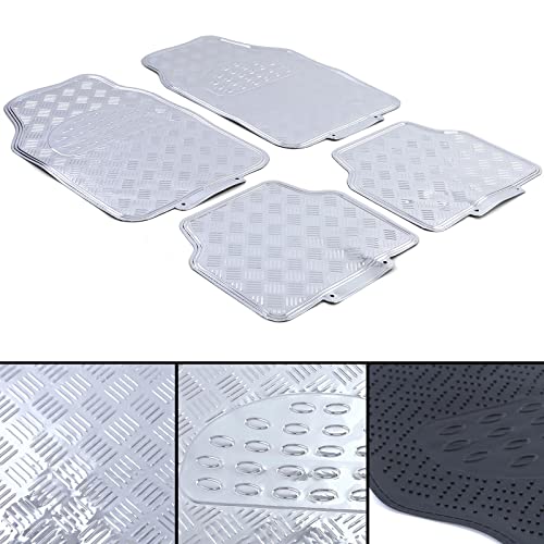 Set alfombrillas universales goma plata cromadas forma chapa palillos para vehículo (recortables y adaptables a casi todos los modelos de coche) alfombras de goma color cromo esterilla moqueta estera