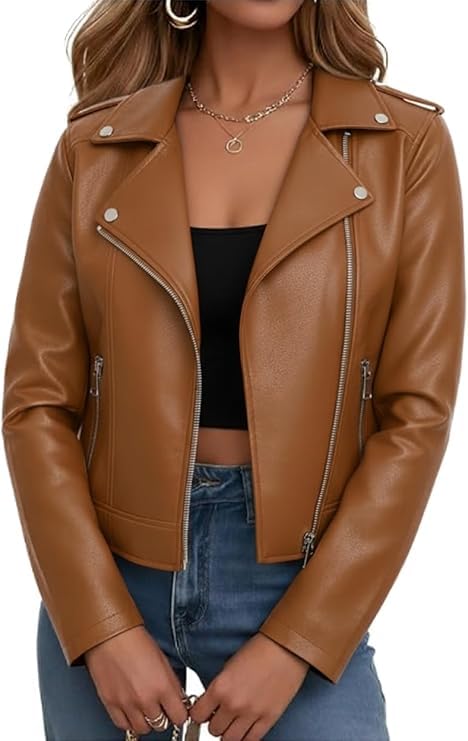 Image of Women Biker Faux Leather Jacket Vintage Casual Outfit
