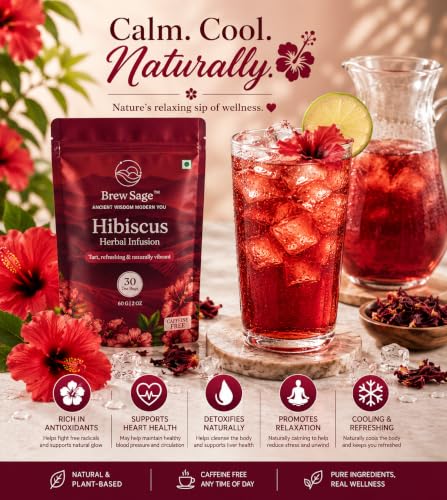 Image of BREW SAGE Hibiscus Herbal Tea | SUPPORTS HEART HEALTH & Helps Maintain Blood Pressure | GLOWING SKIN | Anti-Inflammatory Antioxidant | Caffeine Free Sugar Free | Vegan GMP Certified | 30 Tea Bags