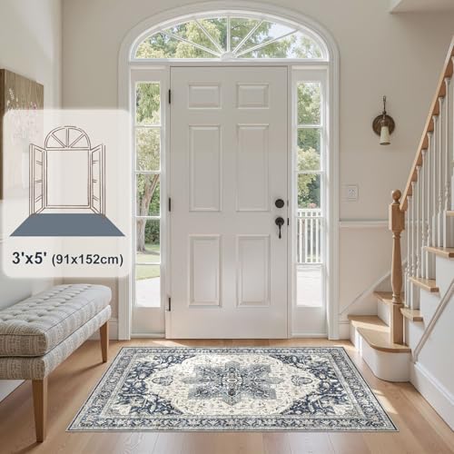 Tortania Area Rug Living Room Rugs - 3x5 Washable Rug Vintage Oriental Distressed Farmhouse Small Thin Indoor Carpet for Living Room Bedroom Under Dining Table Home Office - Indigo
