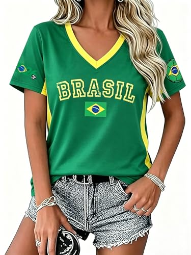Soccer Shirt 2026 Women Brazil Shirts Funny Soccer Graphic Jerseys Y2k V Neck T Shirts Summer Short Sleeve Tops