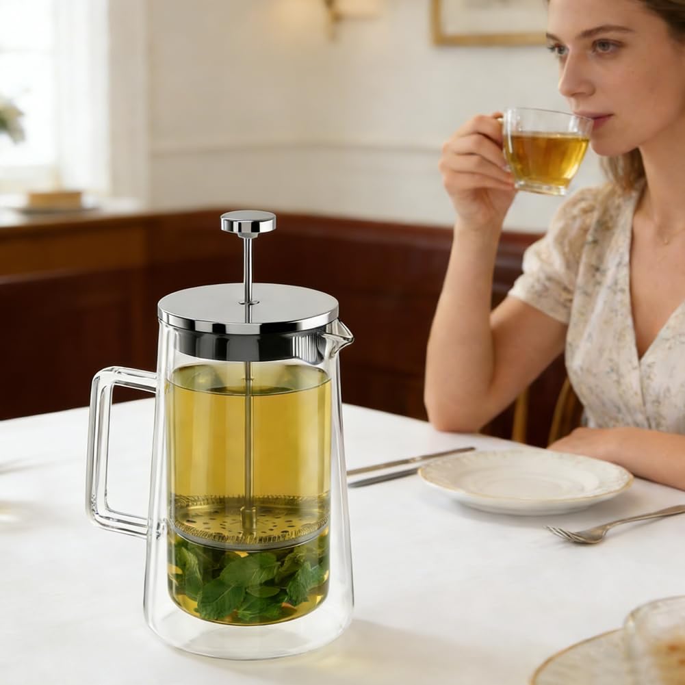 FARYODI Pressa da caffè French Press 1 litro, in vetro con filtro permanente in acciaio inox, design a doppia parete, lavabile in lavastoviglie, resistente al calore per caffè e tè
