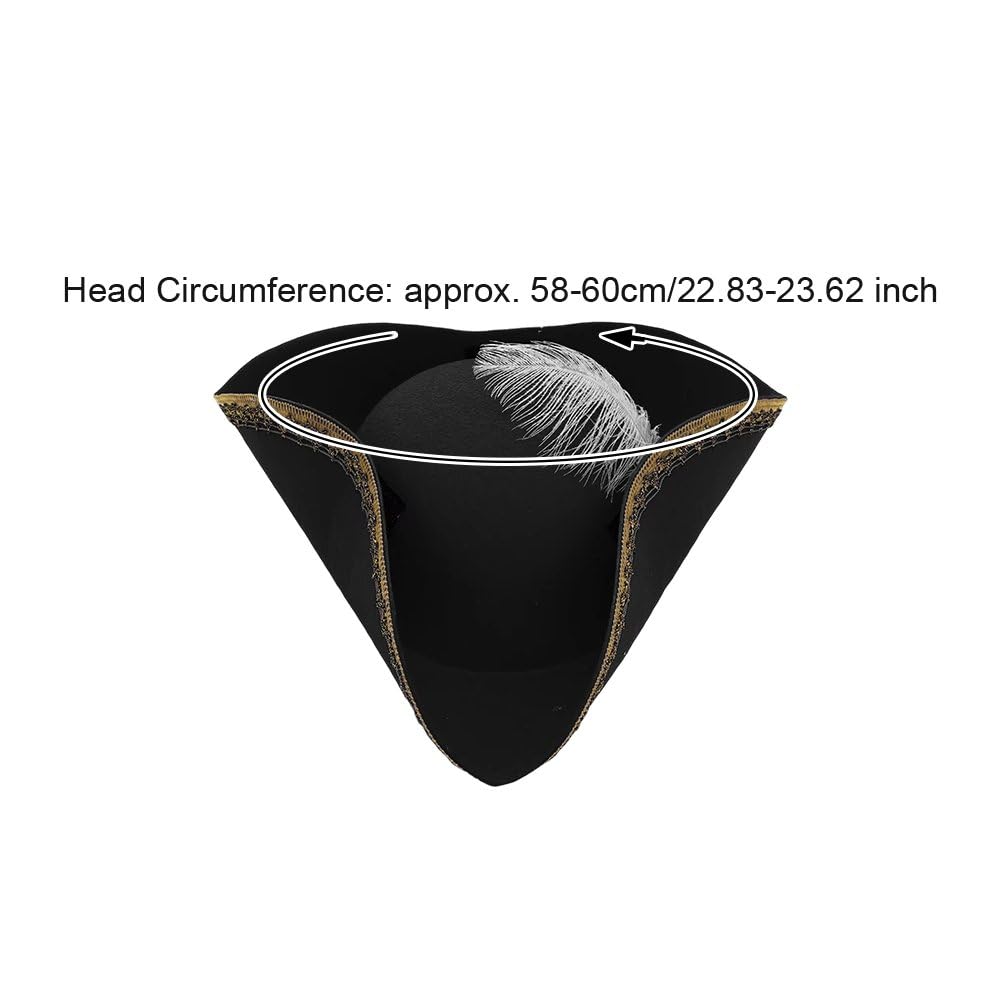Ericetion Tricorn Pirate Hat with Feather, Buccaneer Colonial Hat for Adults Renaissance Costume for Fancy Dress Costume Accessory - Image 4