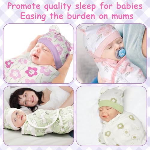 Image of Ramede 6-Pack Preemie Baby Swaddle Blankets with Hats, Breathable 100% Cotton Baby Swaddles, Suitable for Preemie Babies and Newborns, Soft Cotton, Adjustable(Flower,Pink and Green)