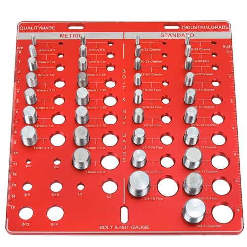Thread Identifier Gauge, 34 Aluminum Alloy Inch and Metric Thread Checker, Nut and Bolt Thread Measuring Tool, Wall-Mountable Bolt Gauge Quick Size Recognition, Red