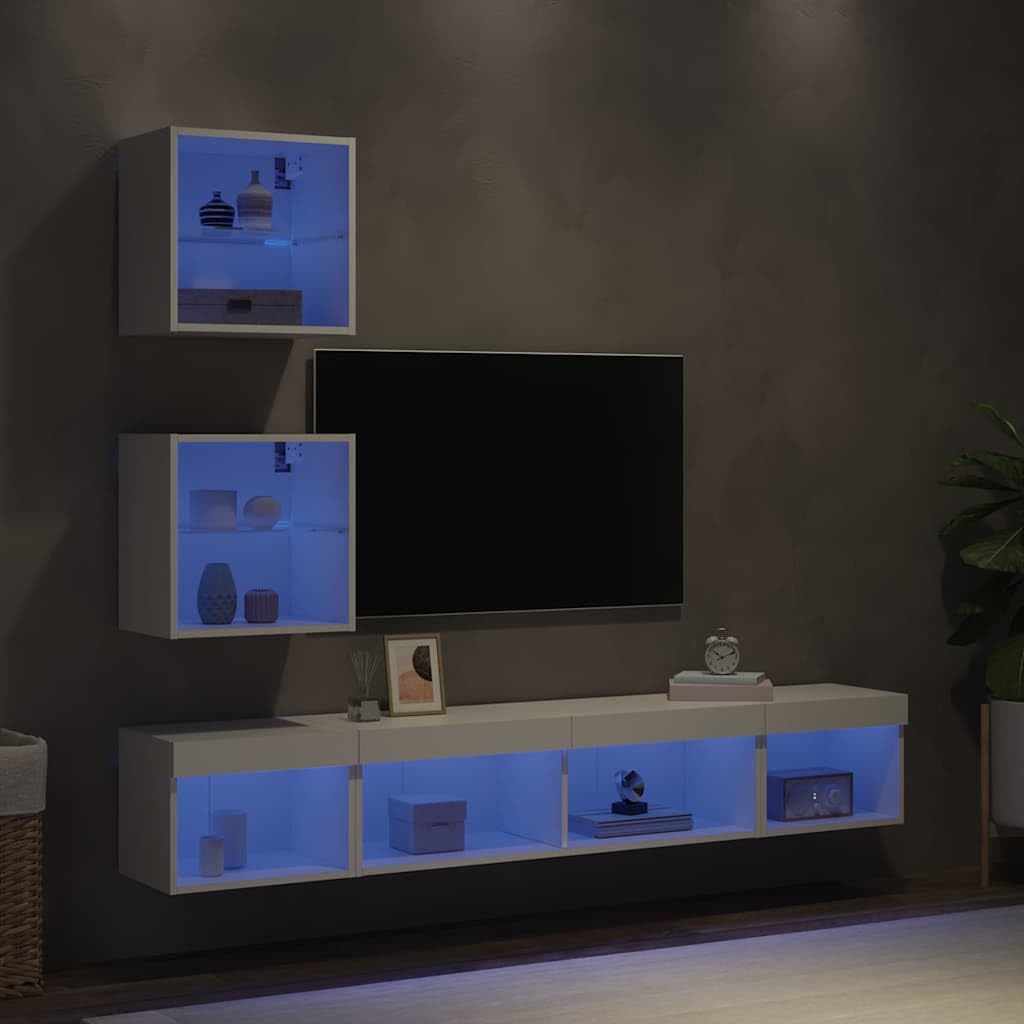 Biały zestaw mebli TV z oświetleniem LED RGB, 5-częściowy, ścienny, z płyty drewnopochodnej odpornej na wilgoć, zapewnia dużo miejsca do przechowywania książek i sprzętu