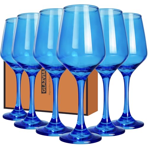 GLAZVIA Blue Wine Glasses Set of 6, 14oz Stemmed Glasses, Thick & Colored, Dishwasher Safe Stemware for Red or White, Gift for Party, Holiday, Anniversary, Restaurant, Home Bar, Daily Use