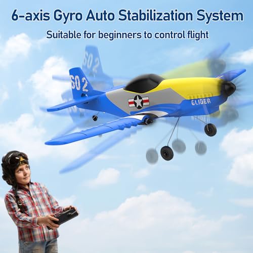 Image of Rc Plane, 3 Channel Rc Airplane 2.4Ghz With 2 Batteries 6-Axis Gyro Stabilizer, Easy To Fly For Beginners Adults And Kids (P-51D), Blue