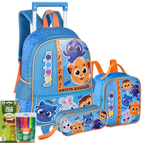 Kit Escolar Infantil Mochila Bolofofos com Lancheira Térmica + Estojo Duplo Conjunto Completo e Resistente para Volta as aulas | Design Colorido e Divertido, acompanha lápis de cor e canetinhas