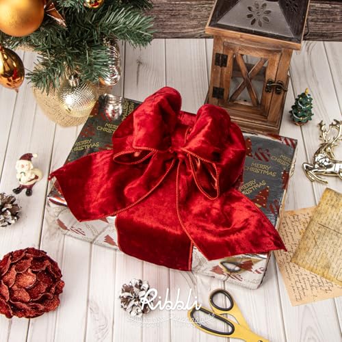Image of Ribbli Red Velvet Wired Ribbon 4 Inch Metallic Red Gold Crushed Velvet Christmas Ribbon for Gift Wrapping Christmas Tree Decoration Crafts Wreaths Supplies-Continuous 10 Yards