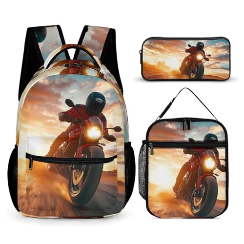 Motocross Dirt Bike Sunset 3 PCS Backpack Set Casual Daypack with Insulated Lunch Bag & Pencil Case