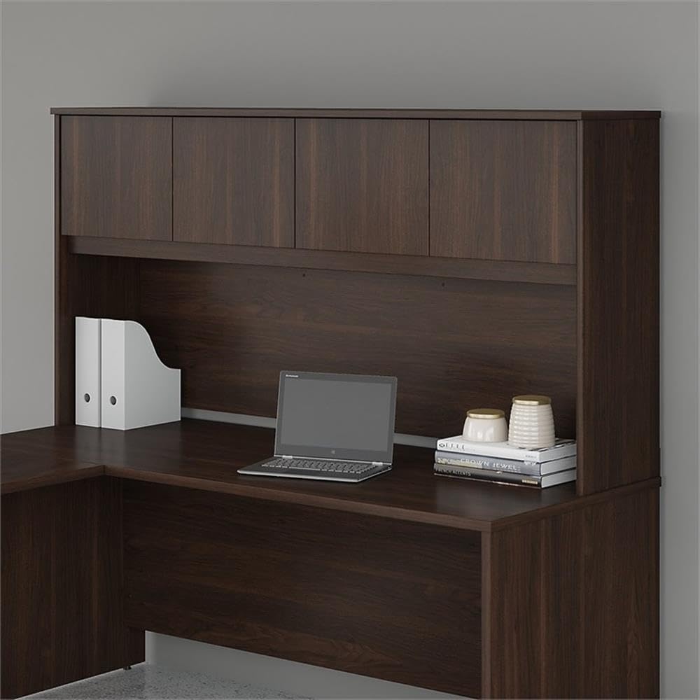 Pemberly Row 72W Desk Hutch, Black Walnut Finish, Engineered Wood, 4 Doors with Self-Closing Hinges, Fully Finished Back Panel, Cable Management, Office Storage for Credenza or Desk