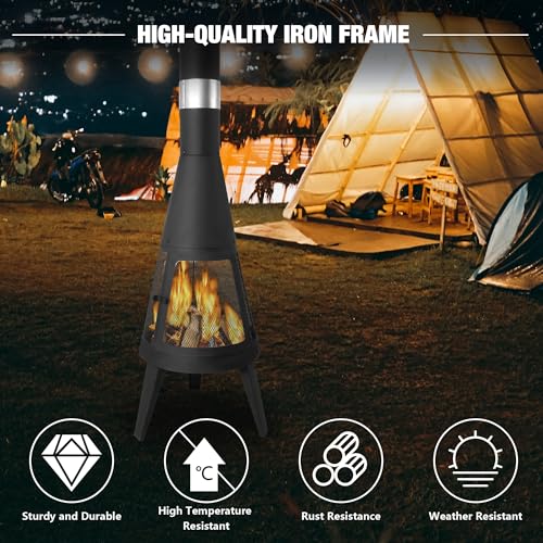 Clarfey Chiminea Outdoor Fireplace, Metal Wood Burning Fire Pit with Log Grate, Mesh Screen, Modern Fireplace for Patio, Backyard, Garden, Black