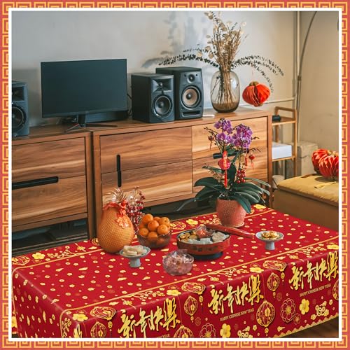 Image of 3 Pack Chinese New Year Decorations 2026, 54 x 108 Inches Red Plastic Table Cloths, Disposable Lunar New Year Table Cloth Rectangle Tablecloths Tablecover, Spring Festival Year of the Horse Decor