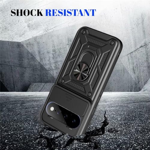 Image of Casodon Shockproof Back Case Cover for Google Pixel 11 Pro 5G, Shockproof Google Pixel 11 Pro Back Cover, Ring Case with Kickstand and Camera Protection Shutter - Black