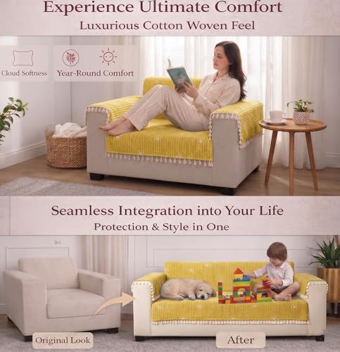 Image of STITCHNEST Woven Fabric Sofa Cover 2 Seater with 2 Hand Rest Covers - Washable Green Sofa Cover with Tassels - Durable Premium Fabric - Stylish Sofa Protector for Living Room & Furniture Decor5