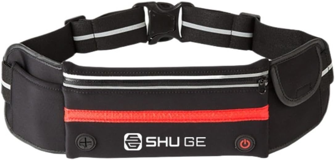 Running LED Reflective Running Waist Pack for Men Women, Water-Resistant Phone Holder for Outdoor Night Running (Black/Red with USB & LED Clip)