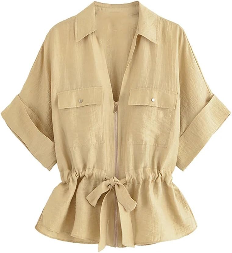 Women's Bow Front Zip-Up Vintage Lapel Shirt