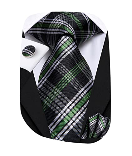 Image of Hi-Tie Silk Ties for Men Plaid Paisley Striped Necktie Pocket Square Cufflinks Set Formal Business