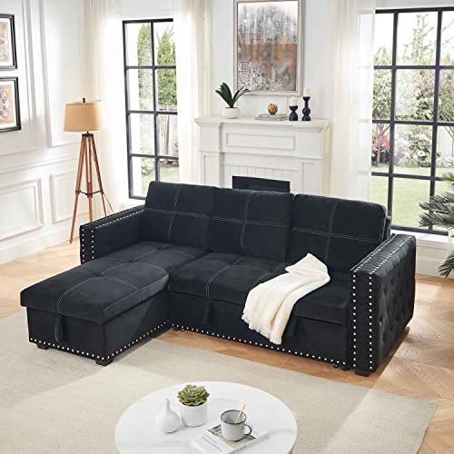 Aty L-Shaped Sectional Sofa With Reversible Storage Chaise & Pulled Out Couch Bed, Living Room Home Furniture 4-Seater W/Copper Nail For Office, Black #TOP15