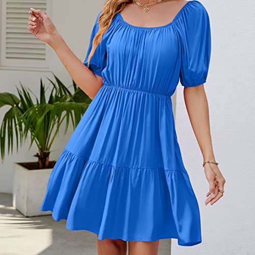 Womens Dresses Casual Square Neck Smocked Tunic High Waist Summer Dress Puff Sleeve A Line Swing Ruffle Beach Dress #TOP6