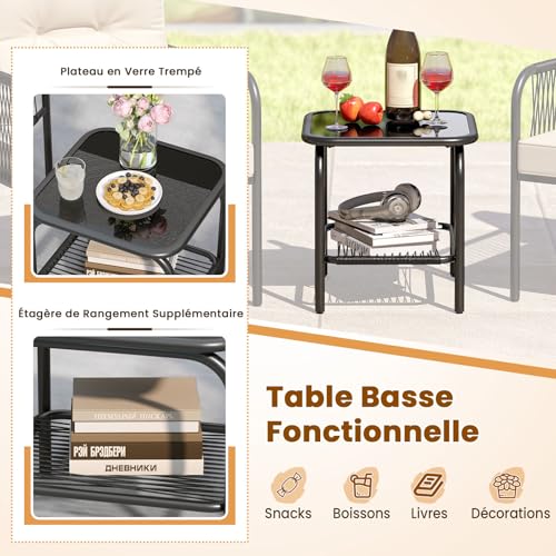 GYMAX Fauteuil et Table Basse pour 2 Personnes, SalonJardin Extérieur 3 Pièces avec Coussins de Dossier et d'Assise, Chaise en Rotin PE, Table en Verre Trempé, pour Patio, Balcon, Terrasse – Image 6