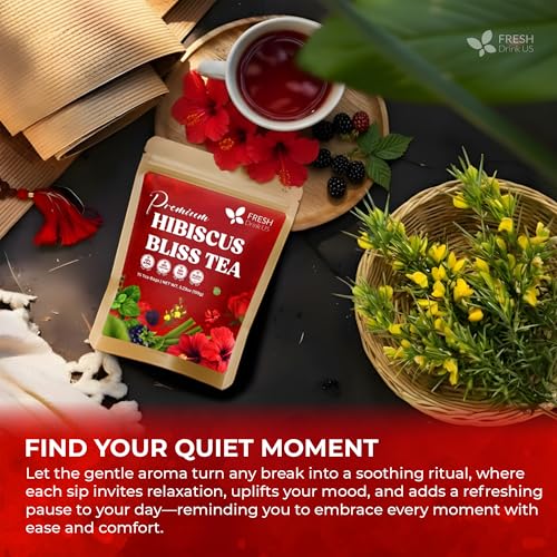 Image of FreshDrinkUS, Hibiscus Bliss Tea | 75 Tea Bags | Herbal Tea Blend with Hibiscus Flower, Rooibos, Blackberry Leaves, Lemongrass & Lemon Balm - Naturally Caffeine-Free, Vibrant & Refreshing Tea. Vegan