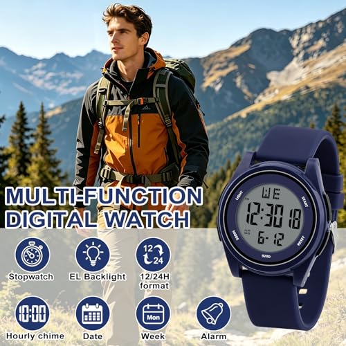 Image of Juboos Digital Watch Men Women 50M Waterproof Sports Military | Large Face Wirstwatch with Stopwatch, Alarm, LED Backlight, 12 /24H, Date, Week, Hourly Chime