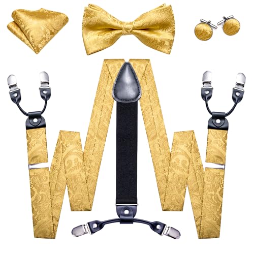 Image of YOHOWA Men Suspenders 6 Clips Strength Adjustable Y Braces Pre-Tied Bow Tie Set Formal Wedding Party