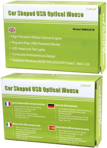 Daffodil WMS207R Wired Optical Mouse - 3 Button Car Shaped PC Mouse with Scrollwheel and LED Lights - For Laptop / Netbook / Desktop Computers - Supported by: Microsoft Windows (7 / XP / Vista) and Apple MAC (OS X +) - Novelty Porsche Shaped Mouse