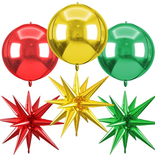 Image of 6pcs 22 inch Red Green Gold Star Balloons and 4D Large Foil Balloons, Red Green Star Balloon Gold 4D Foil Aluminum Balloon For Christmas Birthday Baby Shower Party Wedding Anniversary Engagement Decor