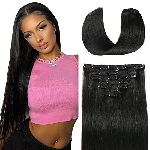 Hair Extensions Clip in Human Hair For Women 7pcs Black Hair Extensions 70g 100% Remy Virgin Human Hair Clip In Extensions Double Weft Clips Straight Soft Hair No Tangles 12inch