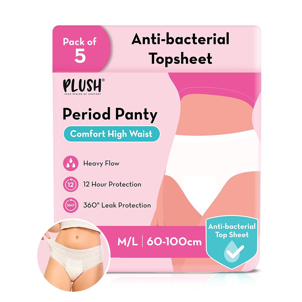 Plush Comfort High Waist Disposable Period Panty for Girls Heavy Flow – 5 Pcs M/L (60-100cm) | Anti-Bacterial | Non-Bulky, Panty like Fit | 12-Hour Protection | 360° Coverage 100% Rash-Free Period Panties | Ideal for Overnight Use