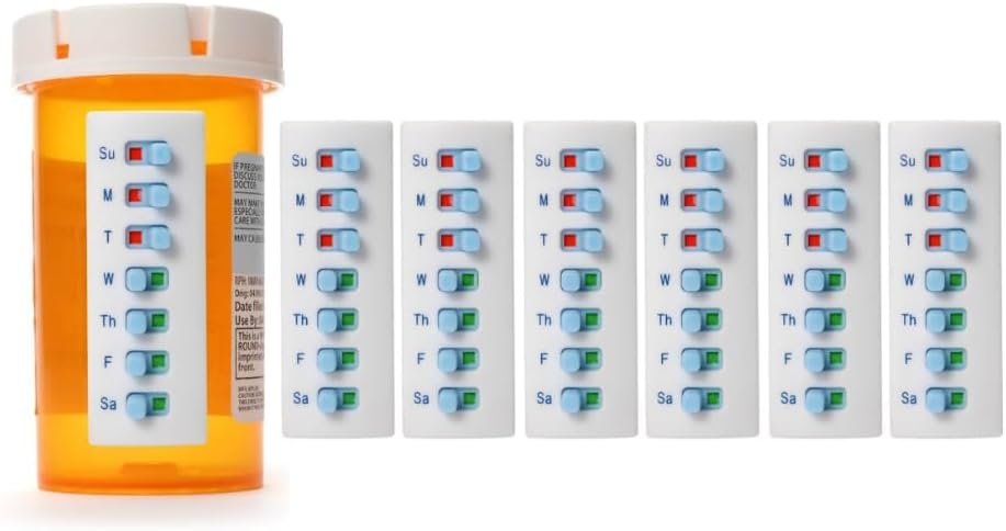 TAKE-N-SLIDE 7-Pack Bundle, Peel and Stick Reusable for 12 + Refills, Pill/Medication/Vitamin/Med Tracker & Reminder, Attach to Your Bottle, Curved‑Back (White)