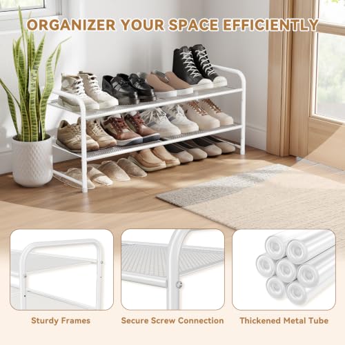 Image of 2 Tier Shoe Storage Rack with Steel Mesh Shelves for Entryway, White | 33 Inch Wide, Sturdy Metal, Stackable & Adjustiable Shelf Height, Easy Assembly