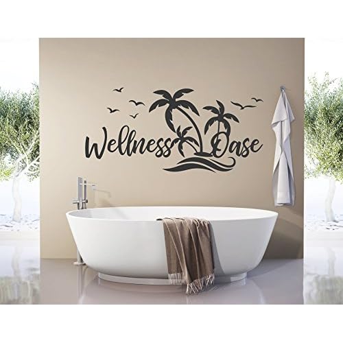 tjapalo® s-pkm401 Wandtattoo Badezimmer mit Wandspruch"Wellness Oase" mit Palmen (B120 x H58 cm)