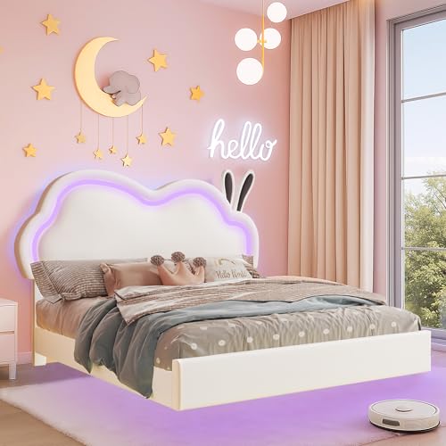 LUXOAK LED 140 x 200 cm Cadre de lit pour fille Lit flottant rembourré avec tête de lit nuage...