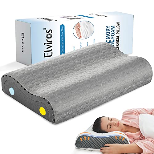 Elviros Orthopädisches Kopfkissen, Höheneinstellbares Memory Foam, Ergonomisches Kissen, Nackenhörnchen, Antischnarchkissen Schlafkissen, 64 x 10,5 / 12,5 x 36 cm, Grau Cover